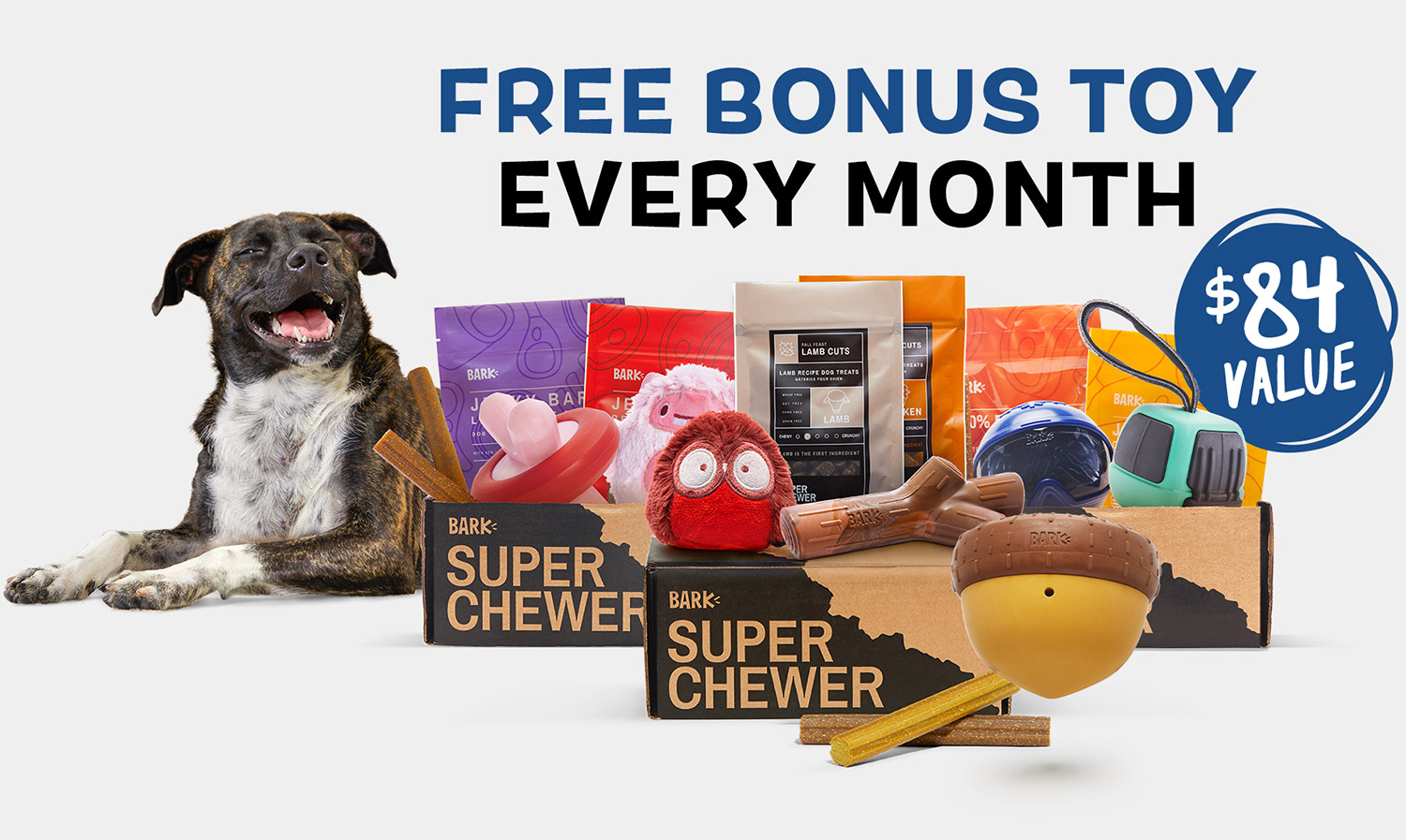 Super Chewer, a themed collection of tough toys, treats, and chews starting at $30 per month